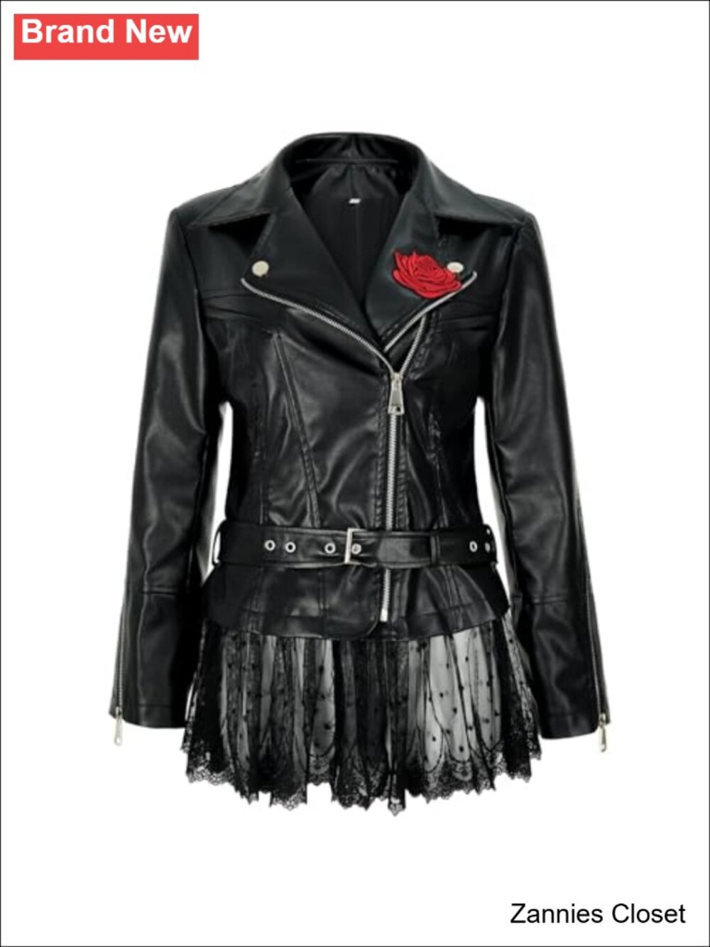 ✨ Faux Leather Lace Moto Jacket Peplum Rose Coat Long Sleeve Zip